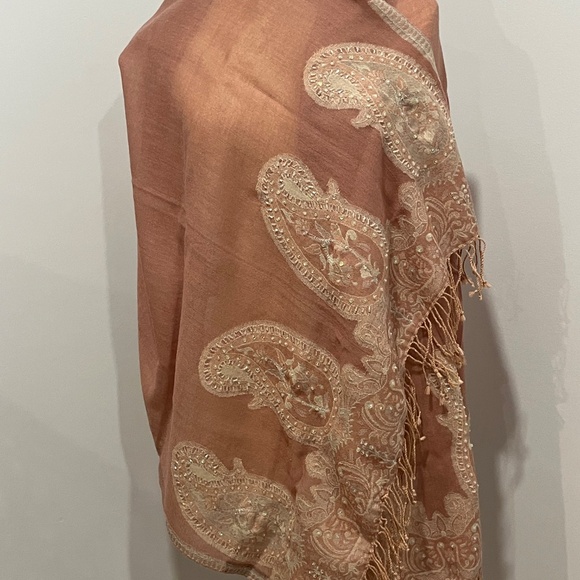 Hand Died Bead and Sequin Womens Wool Shawl Wrap by Frangi Tie Rack 76"L - Picture 4 of 7